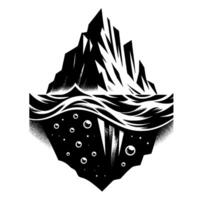 Black and white stylized illustration of an iceberg, showing abovewater jagged peaks, turbulent water, and submerged base with bubbles, representing climate or cold. vector