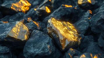 Golden nuggets gleam among rugged dark rocks Precious minerals sparkle hinting at wealth and prosperity embedded within the earth photo