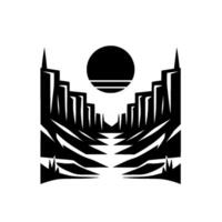 Black and white illustration of a stylized canyon with a setting sun above, creating a minimalist landscape composition. vector