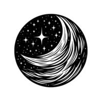 Celestial Monochrome Crescent moon with flowing lines, embedded in a starry night sky, all set within a circular frame, in highcontrast art. vector