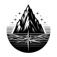 Black and White Stylized Mountainscape with Compass Rose and Starry Sky, Set Within a Decorative SemiCircle. vector