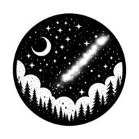 Monochrome Celestial Sphere Depicting a Forest Under a Starry Night Sky with Crescent Moon and Milky Way vector
