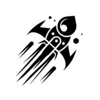 Abstract Black and White Rocket Ship Silhouette, Rapidly Ascending with Trailing Streaks and Cosmic Elements on White Background. vector