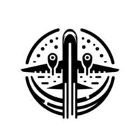 Minimalist black and white airplane emblem, circular with dotted sky background and stylized clouds. vector