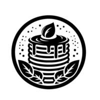 Black and White Pancake Stack with Dripping Syrup and Leaf Decoration in a Circular with Dot Detail. vector