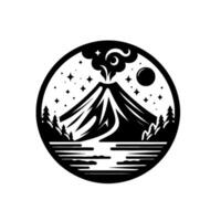 Monochromatic Circular Illustration of a Volcano Erupting Under a Night Sky with Stars, Moon, and Lakeside Trees. vector