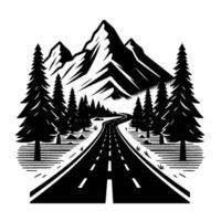 A monochromatic illustration of a mountain landscape featuring a winding road through a forest and towards towering peaks, creating a sense of adventure. vector