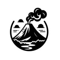 Black and White Volcano Erupting within a Circular Frame, Featuring Mountains, Clouds, and a River, in a Minimalist Style. vector