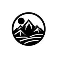 Minimalist Black and White Circular Silhouette of Majestic Mountains, Sun, and Rolling Hills Depicted within a Circle. vector