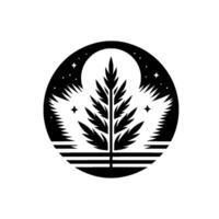 A stylized circular illustration of a silhouetted night scene featuring a central evergreen tree, flanked by stylized pine trees under a full moon and starry sky. vector