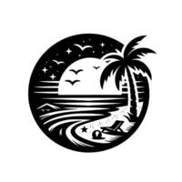 Serene Black and White Coastal Scene in a Circular Frame Palm Tree, Beach, Sunset, and Birds. vector