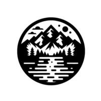 Black and white circular nature emblem depicts mountain range, lake, trees, clouds, and a sunmoon, evoking a minimalistic, serene outdoor scene. vector