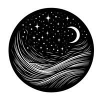 Celestial Circle A monochrome night scene depicting a starlit sky with crescent moon over stylized ocean waves, evoking a sense of tranquility and mystery. vector
