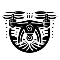 Stylized Black and White Drone Illustration with Geometric Elements on White Background, Showcasing Propellers and Camera vector