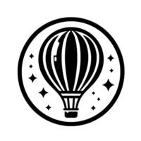 A minimalist, black and white illustration features a stylized hot air balloon within a circular frame, adorned with stars. vector