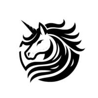 Elegant Black and White Unicorn Head A stylized emblem of a mythical creature, set against a circular background, with flowing mane and a pointed horn. vector