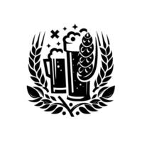 Monochrome Beer Foamy Brews, Hops, and Barley Within a Circular Laurel Wreath, Embellished with Stars and a Cross. vector