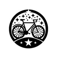 Black and white stylized illustration of a bicycle inside a circular frame, with star accents, creating a playful and . vector