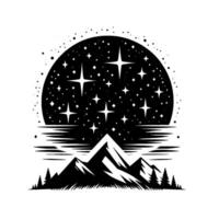 Stylized Black and White Nightscape Starry Sky Reflecting on Water Over Mountain Range with Pine Trees. vector
