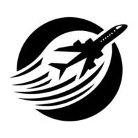 Black and white modern of an airplane soaring inside a circle with motion trails, perfect for travelrelated branding. vector