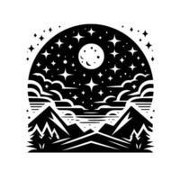 Serene Nightscape Silhouette of Mountain Range, Lake, and a Starry Sky with a Crescent Moon, in a Monochromatic Style. vector