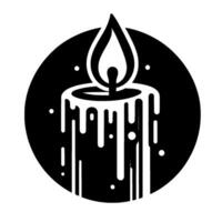 Black and white candle with a melting wax , surrounded by a black circle and floating particles. vector