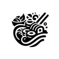 Abstract Black and White Sushi Composition with Chopsticks, Bowl, and Floral Rolls on a White Background. vector