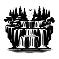 Stylized Black and White Illustration of a Cascading Waterfall with Pines, Trees, and Birds, on a Cliff Edge. vector