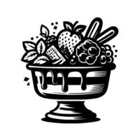 Elegant Black and White Sundae Illustration A Bowl overflowing with Fruit, Chocolate Drizzle, and Artistic Detailing vector
