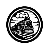 A vintage monochrome train illustration inside a circular frame, depicting a classic steam engine with carriages, clouds, and tracks, evoking nostalgia and travel. vector
