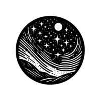 A round linocutstyle black and white image of a starry night sky with a crescent moon over a landscape with wavy lines and dots. vector