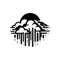 Stylized Black and White Weather Illustration Abstract Clouds and Rain with a Silhouette Sun on a White Background. vector