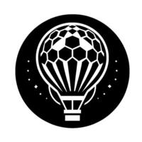 Stylized Monochrome Illustration of a Hot Air Balloon in Flight within a Circular Frame with Hexagon Pattern and Starry Elements. vector