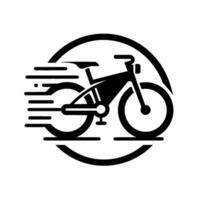 Black silhouette of a speeding bicycle within a circle, minimalist , speed lines, isolated on white. vector