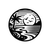 Silhouette of a tropical beach scene inside a circle, with a palm tree, moon, waves, and birds, creating a tranquil atmosphere. vector