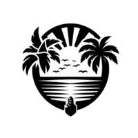 Silhouette of a tropical beach scene within a shieldlike shape. Palm trees frame the sunset over the ocean with a lighthouse below. Birds. vector