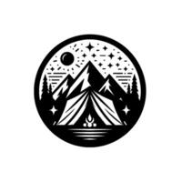 Black and white circular camping scene tent near a lake with a campfire, mountains, trees, stars, and a moon, all in a minimalist style. vector