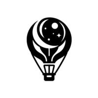 A stylized black and white hot air balloon incorporating a crescent moon, stars, and celestial elements, creating a dreamy night sky theme. vector