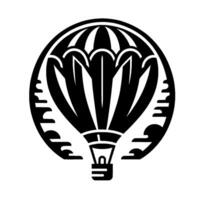A stylized, minimalist black and white illustration of a hot air balloon enclosed within a circular frame, evoking a sense of travel and adventure. vector