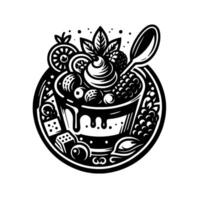 Ornate Black and White Illustration of a Dessert Bowl with Berries, Cream, Spoon, and Decorative Elements within a Circular Frame vector