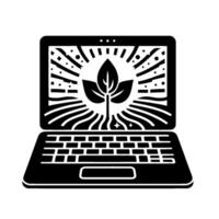 Black and white digital illustration of a laptop displaying a stylized plant symbol with a sunburst background, representing ecotechnology. vector