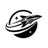 Sleek Black and White Spaceship Silhouette Soaring Through Circular Galaxy, , Featuring Stars and Dynamic Motion. vector