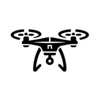 Minimalist Black Drone Silhouette with Quadcopters and a Camera, Isolated on White Background. vector