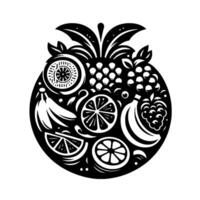 Black and white stylized illustration of an arrangement of fruits including pineapple, citrus, berries, and bananas, arranged in a circular shape. vector