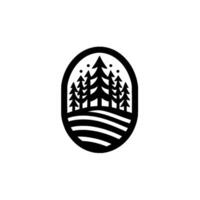 Minimalist Black White Forest Scene Stylized Evergreen Trees, Rolling Hills, and Subtle Star Dots, Enclosed Within an Oval Frame. vector