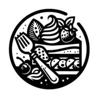 Black White Illustration of a Dessert Slice with Berries, Whipped Cream, and a Fork, Within a Circular Frame. vector