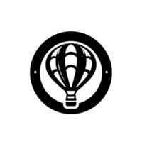 Monochromatic hot air balloon encircled within a textured black ring, showcasing a simple grayscale on a neutral background. vector