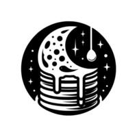 Celestial Stack MoonShaped Pancakes with Dripping Syrup, Stellar Decoration, and a Spoonful of Cosmic Delight, set in a night sky. vector