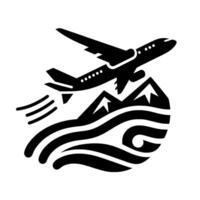 Stylized black and white illustration of a jet airplane taking off over mountains and water, representing travel and adventure. vector