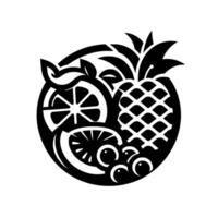 Stylized Black and White Circular Illustration Pineapple, Citrus Slices, and Berries Composition within a Circle. vector